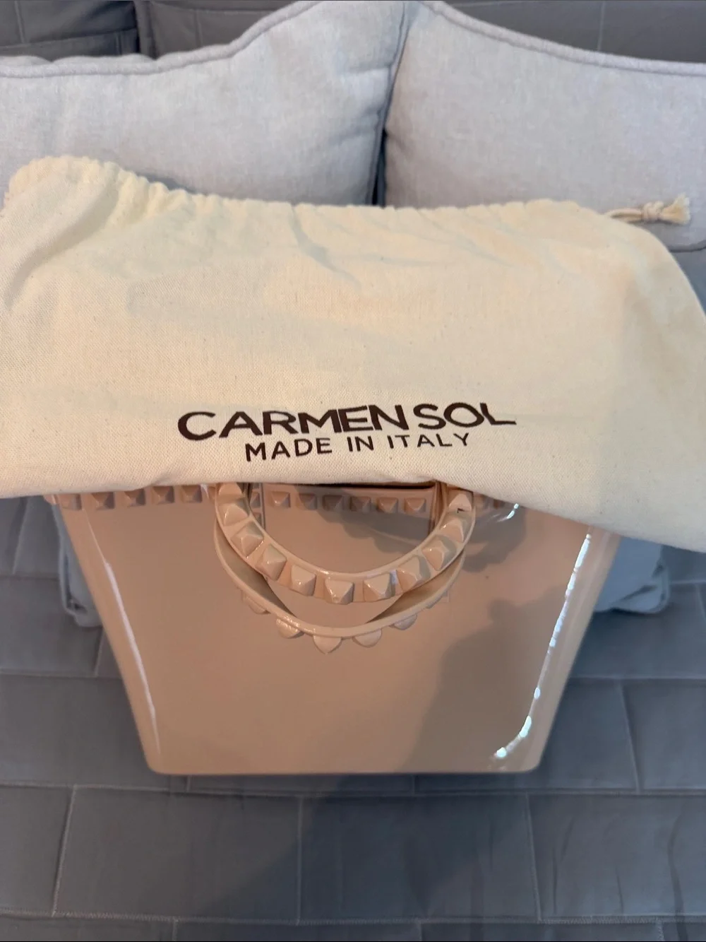 Patent Beige Stud-Trim Tote with Logo Charm